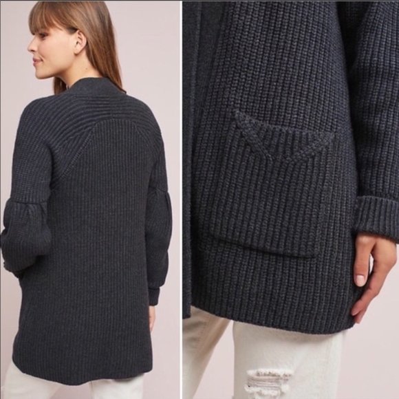 ANTHROPOLOGIE KNITTED & KNOTTED DARK Gray MAJELLA Open Front WOOL BLEND CARDIGAN - Picture 4 of 8